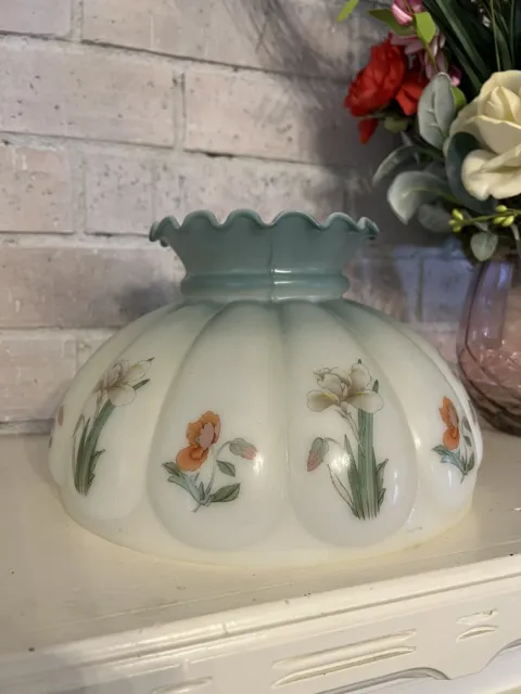 Vintage 10" Fitter Blue White Spring Iris Oil Hurricane Melon Glass Lamp Shade