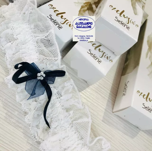 Giarrettiera Sposa Matrimonio Avorio Fiocchetto Blu Perline Panna Nastrino Pizzo