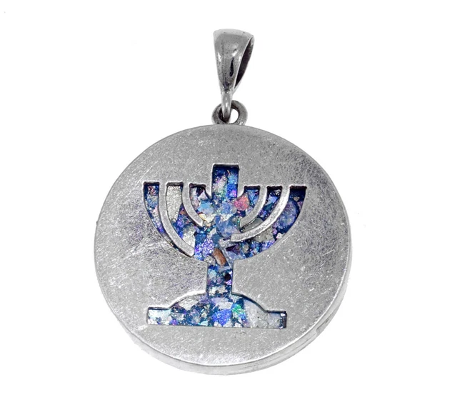 Beautiful , 925 Sterling Silver Pendant, Ancient Roman Glass Pendant, Menorah