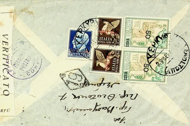 SEPHIL ITALY GREECE 3v OVPT+SURCHARGED PAIR ON CENSORED AIRMAIL COVER TO ATHENS