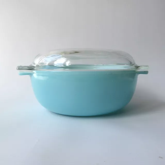 Vintage Pyrex JAJ Weardale turq. blue easy-grip round casserole dish bowl 2 pint