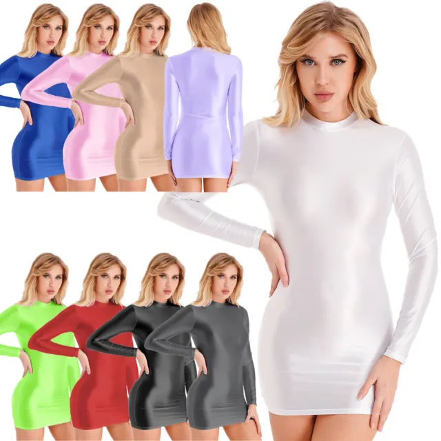 Womens Shiny Glossy Long Sleeve Mini Dress Mock Neck Bodycon Tight Club Dresses