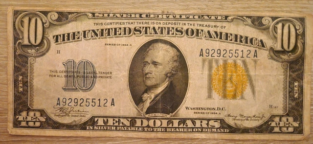 1934 10 dollar bill silver certificate North Africa Yellow Seal