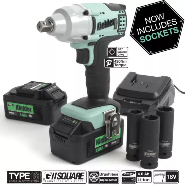 Kielder 18V Brushless Impact Wrench Kit, 2 x 4.0AH Li-ion Battery, KWT-002-08