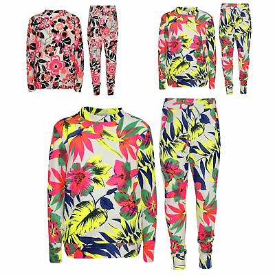 Kids Girls Tracksuit Neon Floral Tropical Print Lounge Suit Bottom Joggers 7-13
