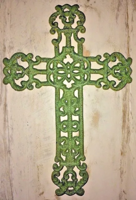 FRENCH GARDEN CROSS, Antique Green Verdigris Patina Finish, decorative cast iron