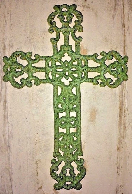 FRENCH GARDEN CROSS, Antique Green Verdigris Patina Finish, decorative cast iron