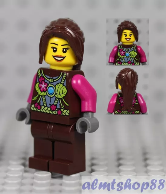 NEW Lego City FEMALE MINIFIG Girl w/Gold Purple Flower Torso Brown