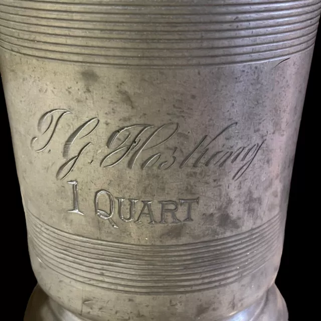 Late Victorian 1897 Pewter Quart Tankard Mug Hallmarks Engraved VR 32 6.5" 2