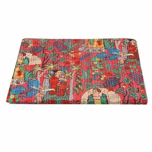 Edredón indio hecho a mano Kantha Frida estampado colcha manta algodón Gudari