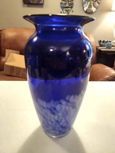 Large Hand Blown Cobalt Blue and White Vase Art Glass 11 1/2 Inches tall