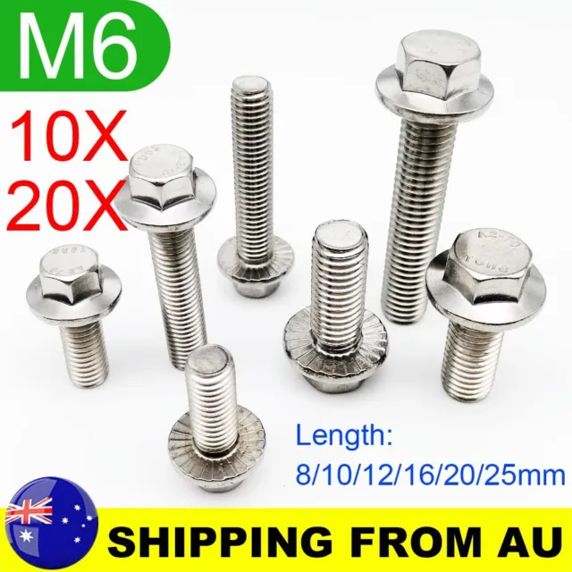 10/20X M6 Flanged Hexagon Head Bolts Flange Hex Screws Stainless Steel 8mm-25mm