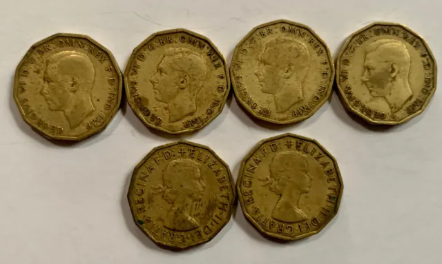 9 UK THREEPENCE COINS GEORGE VI and ELIZABETH 1941-1960 (incl '43 and '48)