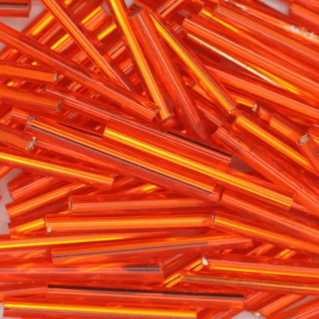 Czech Glass Bugle Beads 25mm ( 1 inch ) Orange Silver Lined