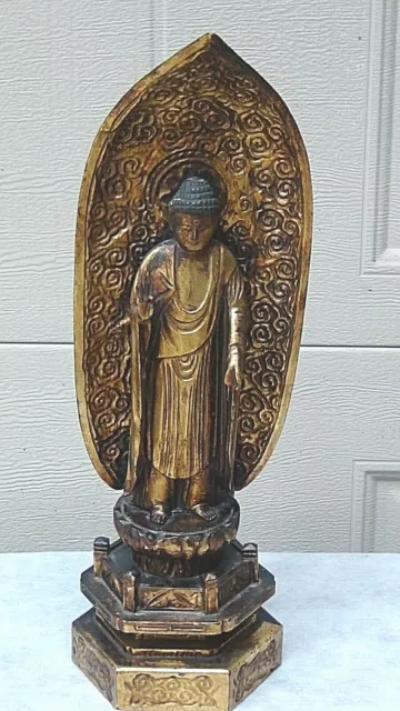 ANTIQUE 19c MEIJI JAPANESE WOOD CARVED LACQUERED GILT BUDDHA STATUE