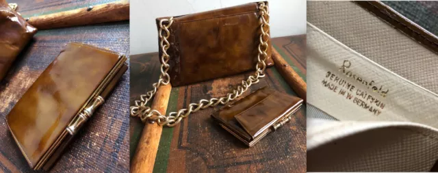 Vtg Modern Rosenfeld Patent Leather Brown Tortoise Shell Purse+Wallet Gold Chain