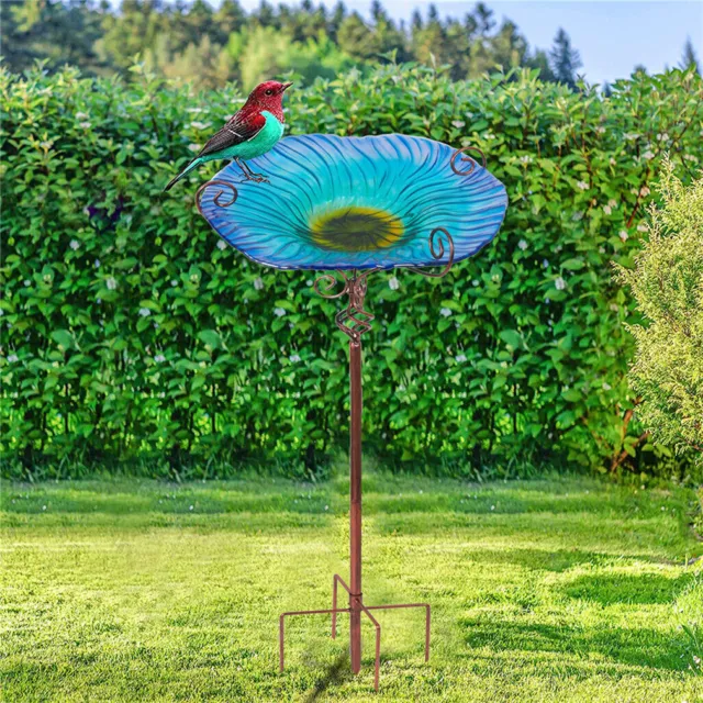 31.1" Unique Garden Bird Bath Stake Glass Birdfeeder Bowl Water Ornament Stand