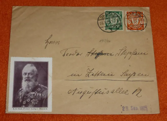 Danzig Brief 1925 Vignette Prinz Luitpold von Bayern Destination Zittau Sachsen