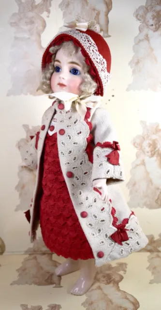 Cappotto, abito e cofano in lana e pizzo per bambola antica o riproduttiva 14"" (36 cm) 2