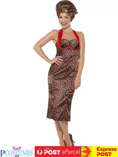 1950s Rockabilly Cherry Pin Up Rock & Roll Fancy Dress Womens 50s Costume