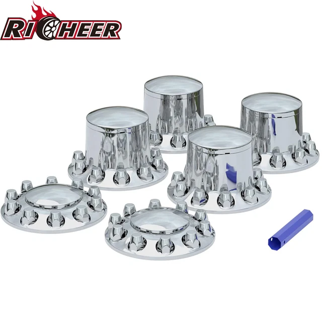 CHROME HUB COVER Semi Truck Wheel Kit Axle Cover 33mm Lug Front & Rear