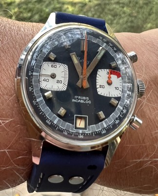 RARE VINTAGE SWISS Reverse Panda Chronograph Watch - Blue Dial - Valjoux 7734 EUR 431,83 
