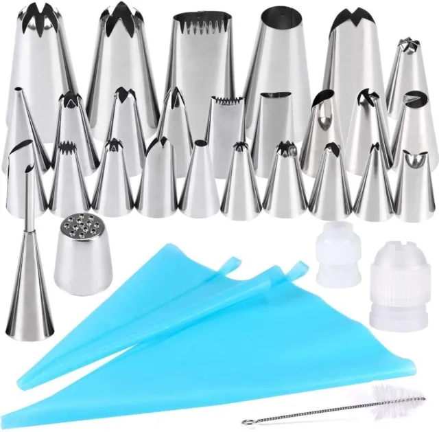 32 Pcs Cake Piping Nozzles Tips, 25 Stainless Icing Nozzles, 2 Reusable bags