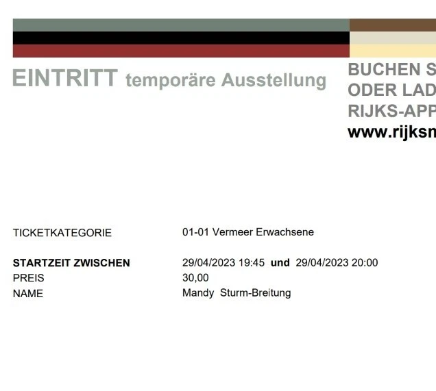 Vermeer  2 Tickets 29.04.23 Exhibition Rijksmuseum Amsterdam 2
