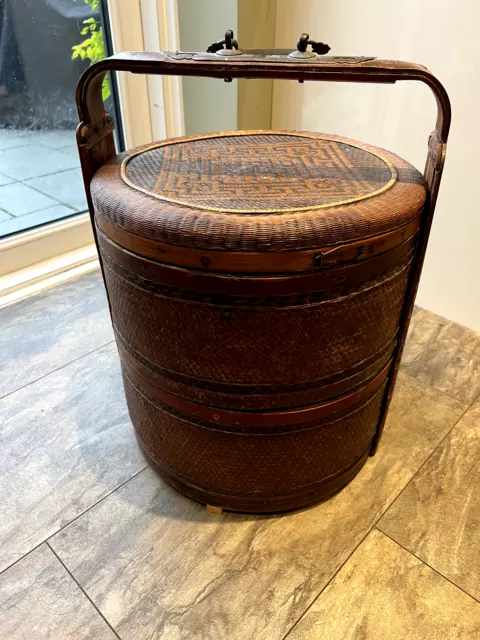 Chinese Wedding Basket with Wood Carved Handles Woven Sides and Top