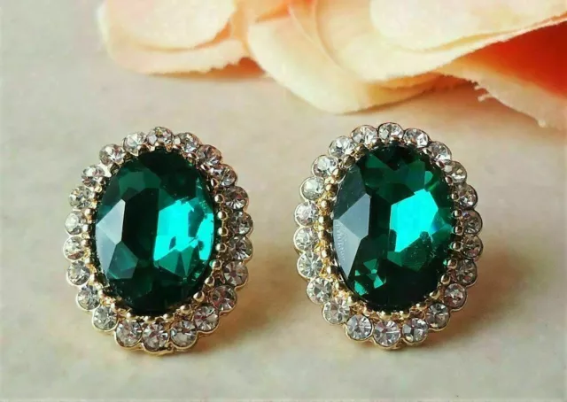 4Ct Oval Simulated Emerald & Diamond Halo Stud Earrings 14K Yellow Gold Plated