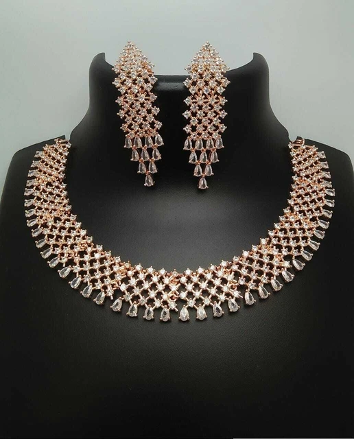 Ethnic Indian Jewelry Gold Plated Fine Earrings Bollywood Bridal Necklace AD Set