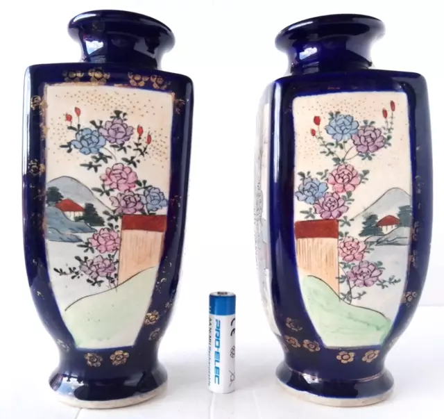 PAIR of 19c Meiji Pd Japanese Satsuma Faceted Vases Hand Painted Signed Kongozan