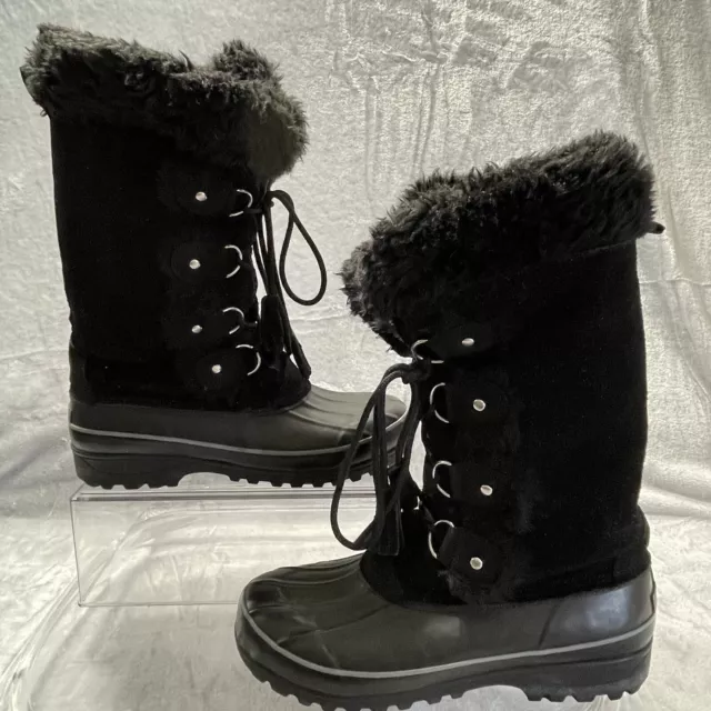 Khombu Boots Womens 8 Black Leather Nordic Faux Fur Winter Snow Rain Lined