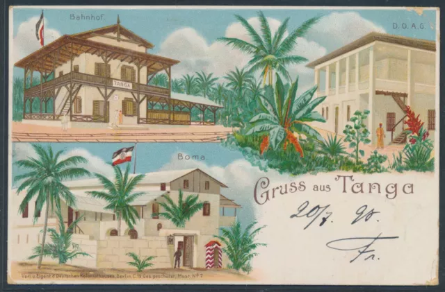 DOA Adler EF Litho-AK Gruss aus Tanga 1898 Dar-Es-Salam Posen Attest (S23634)