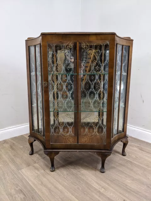 DISPLAY CABINET Walnut Glass Mirror Shelved Bow Fronted Art Deco Inlaid Detail