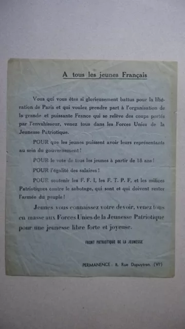 WW2 Tract Libération Paris - A tous les jeunes Français... Jeunesse patriotique.