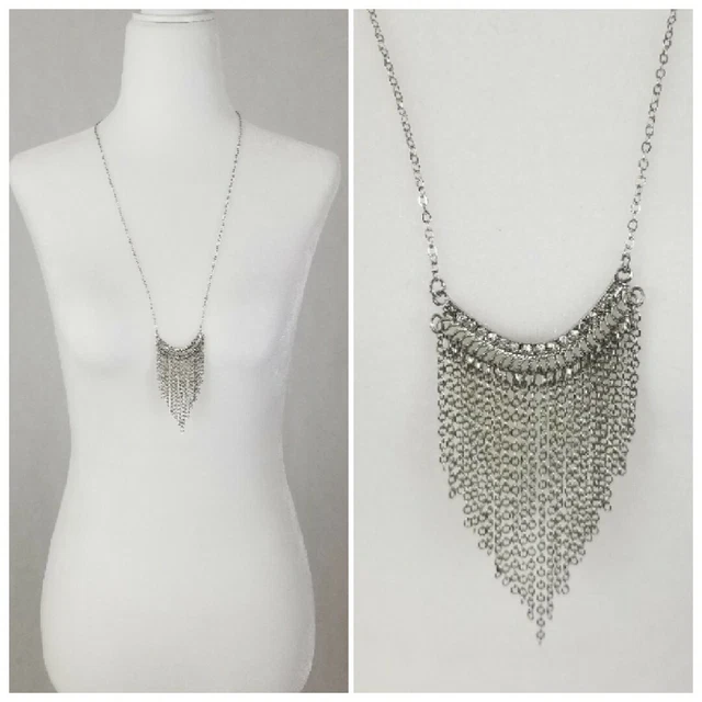 NWOT Von Maur Silver Tone Chain Dangle Cleavage Necklace Rhinestone Drop 28.5"
