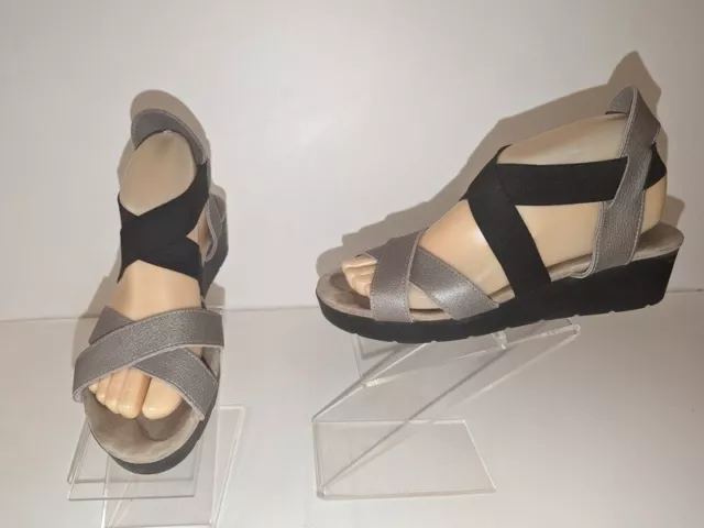 Arche Malyak Silver Leather Black Elastic Criss Cross Sandals Shoes 39 / 8 Cute!