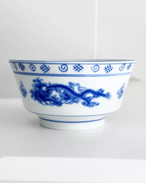 Chinese Dragon Blue & White Porcelain Serving Bowl Signed 5 1/4”