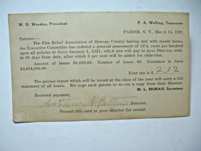 1921 Oswego County Fire Insurance Tax Increase Postcard