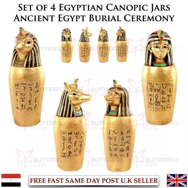 Set of 4 Egyptian Canopic Jars Ancient Egypt Burial Ceremony Four Sons of Horus