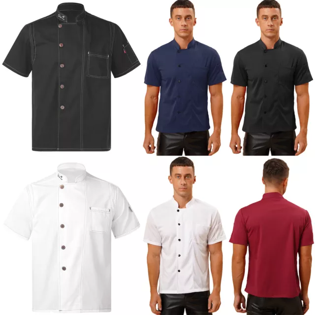 Men Women Chef Uniform Stand Collar Short Sleeve Button T-shirt Kitchen Costume