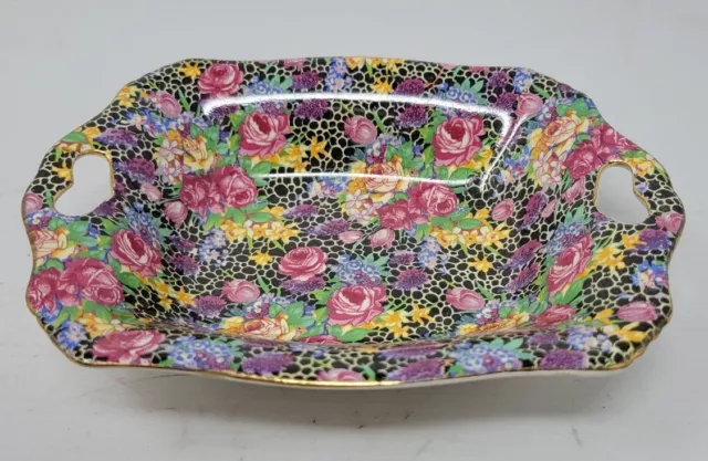 VTG Royal Winton Grimwades Black Chintz England "Hazel" Nut Dish Heart Handles