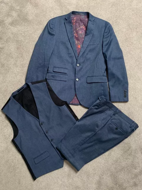 Next Blue Slim Fit 3 Piece Suit - Jacket 38S, Waistcoat 40R, Trousers 32R