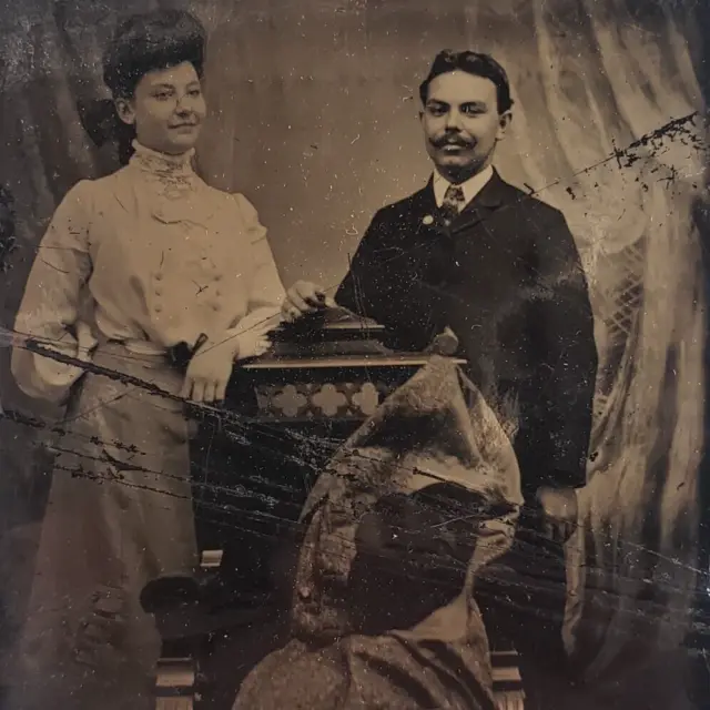 Strange Distressed Couple Tintype c1870 Antique 1/6 Plate Photo Man Woman F697
