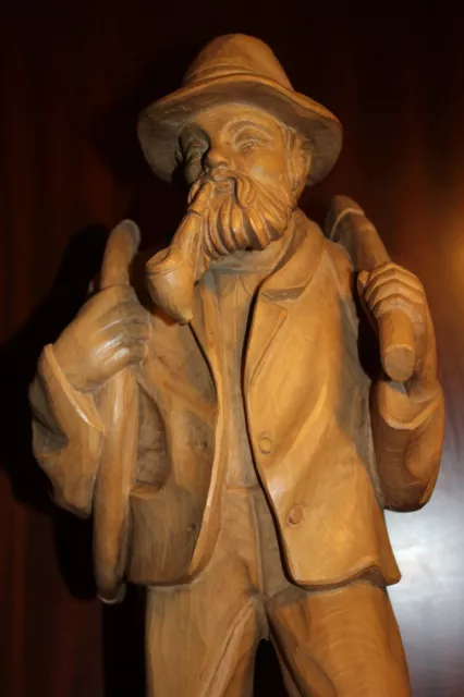 Vtg 20" German Hand Wood Carved Smoking Woodcutter Lumberjack Axe Statue Figure