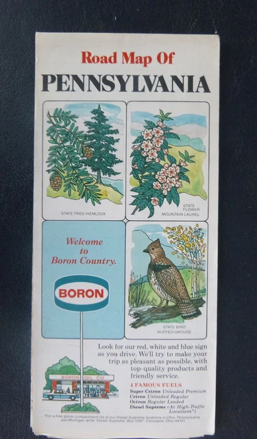 1982 Pennsylvania  road  map Boron  oil gas state tree bird flower cover