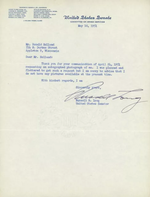 Senator Russell B. Long Signed Letter