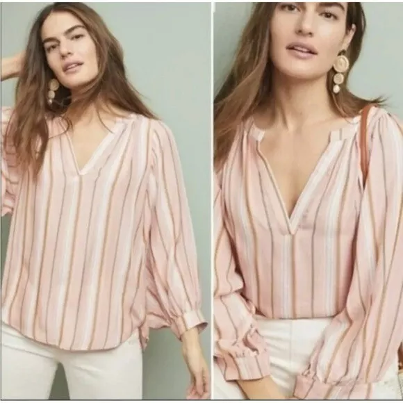 Maeve by Anthropologie Byron Balloon Sleeve Striped Rayon Boho Blouse Top -  XL