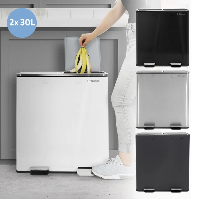 Poubelle De Cuisine 2 Compartiments 18L - Tri Déchets, Couvercle à Pression, Fermeture Douce, Couleur Café/blanc